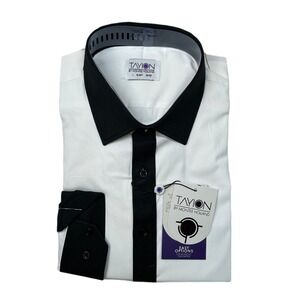 Tayion‎ Slim-Fit Trim Dress Shirt Mens Large 16-16.5 32/33 White Black $60